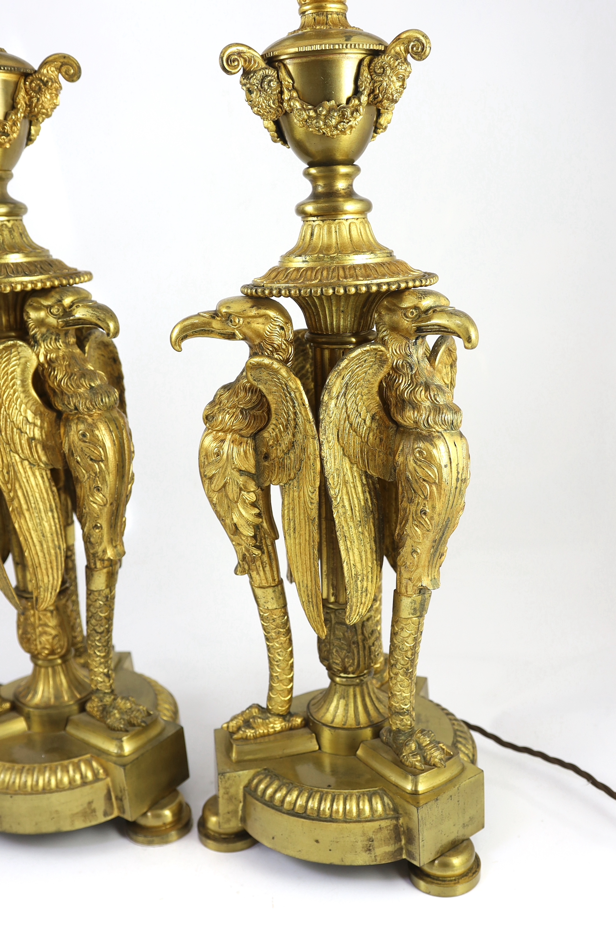 A pair of Empire Revival ormolu table lamps, overall 91cm high